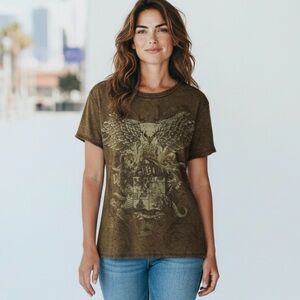 Modern Culture Vintage Acid Wash Owl Crest Graphic Brown Tee Womens Size M